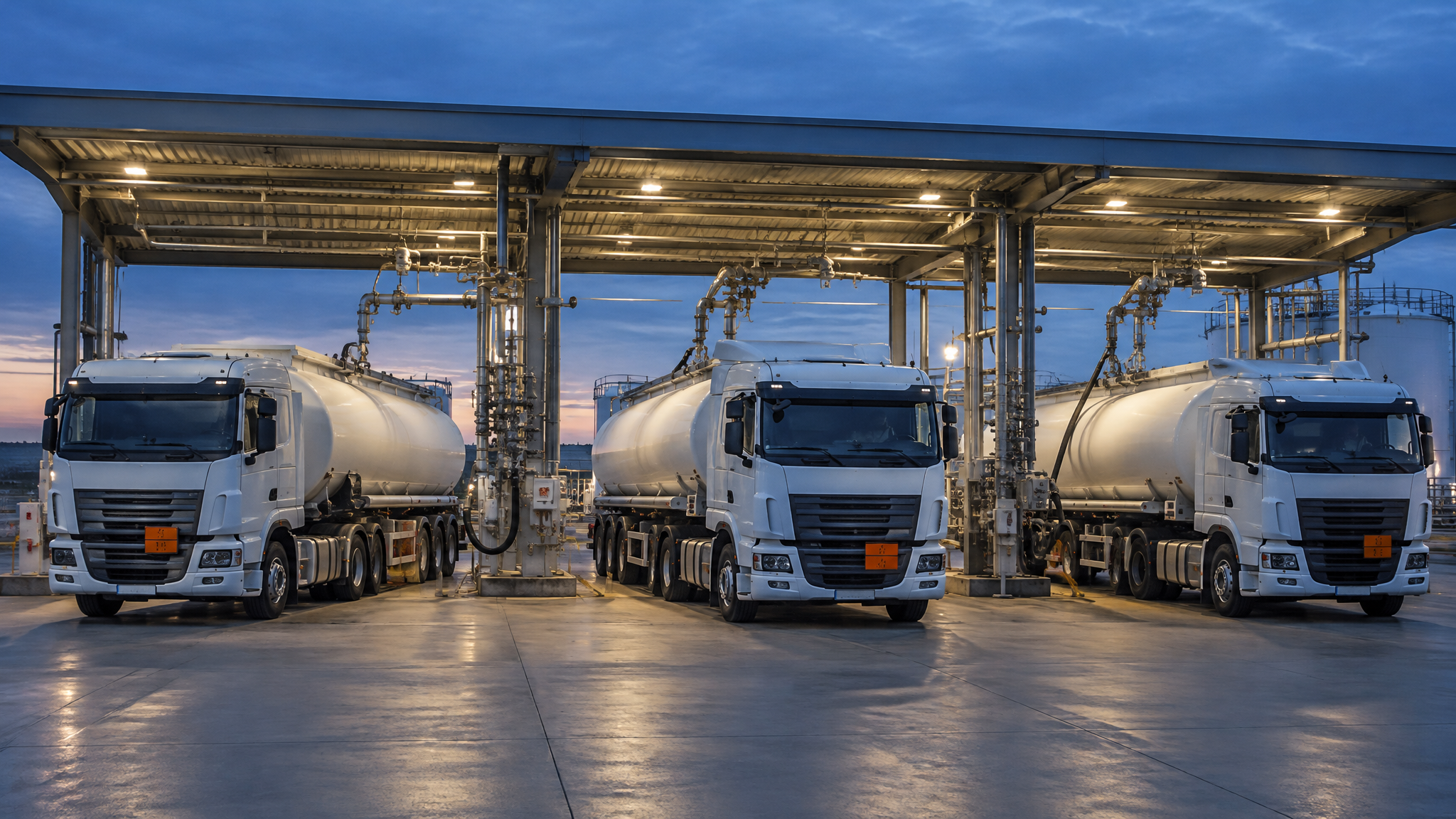 Fuel tanker trucks at loading facility