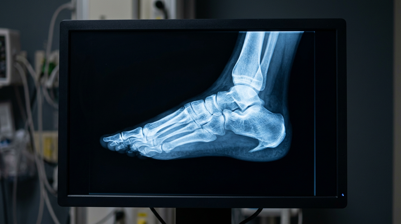 Foot X-ray on a dark medical monitor showing a calcaneal heel spur glowing against the dark background