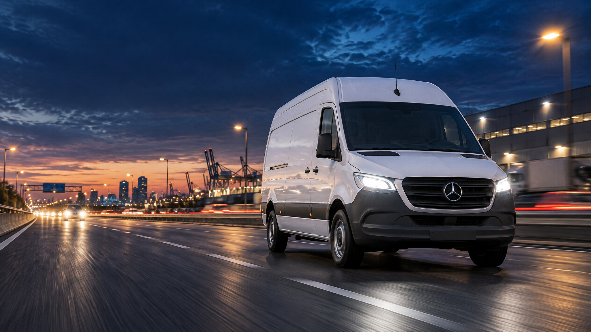 Sprinter cargo van driving through industrial district at dusk