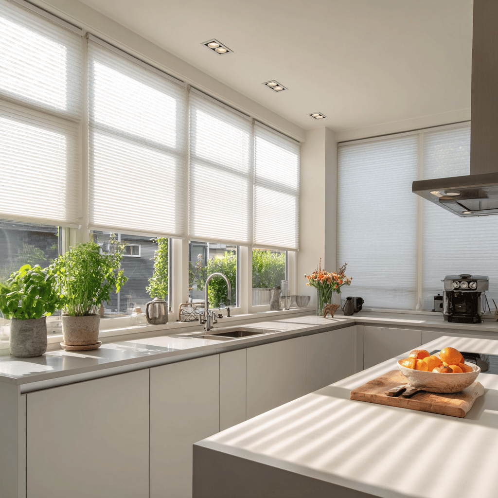 Keuken met lichtdoorlatende en waterafstotende plisségordijnen.