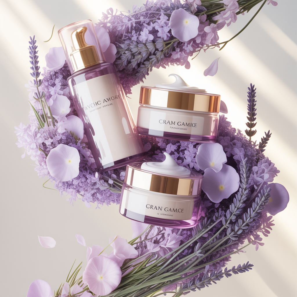 Colección de productos Ishö Cosméticos elegantemente presentados con flores de lavanda