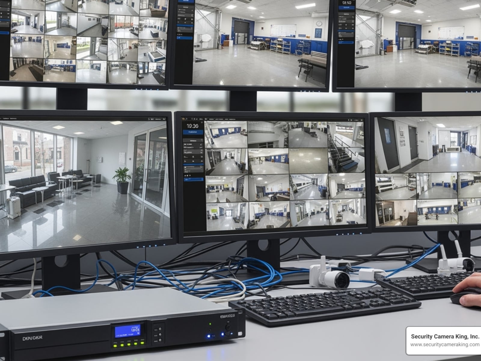 NVR security monitoring system with multiple live camera feeds in control room