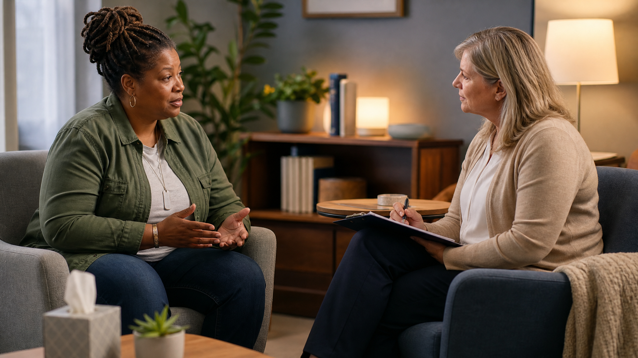 Black female veteran speaking with same-gender clinician in warm, safe clinical space