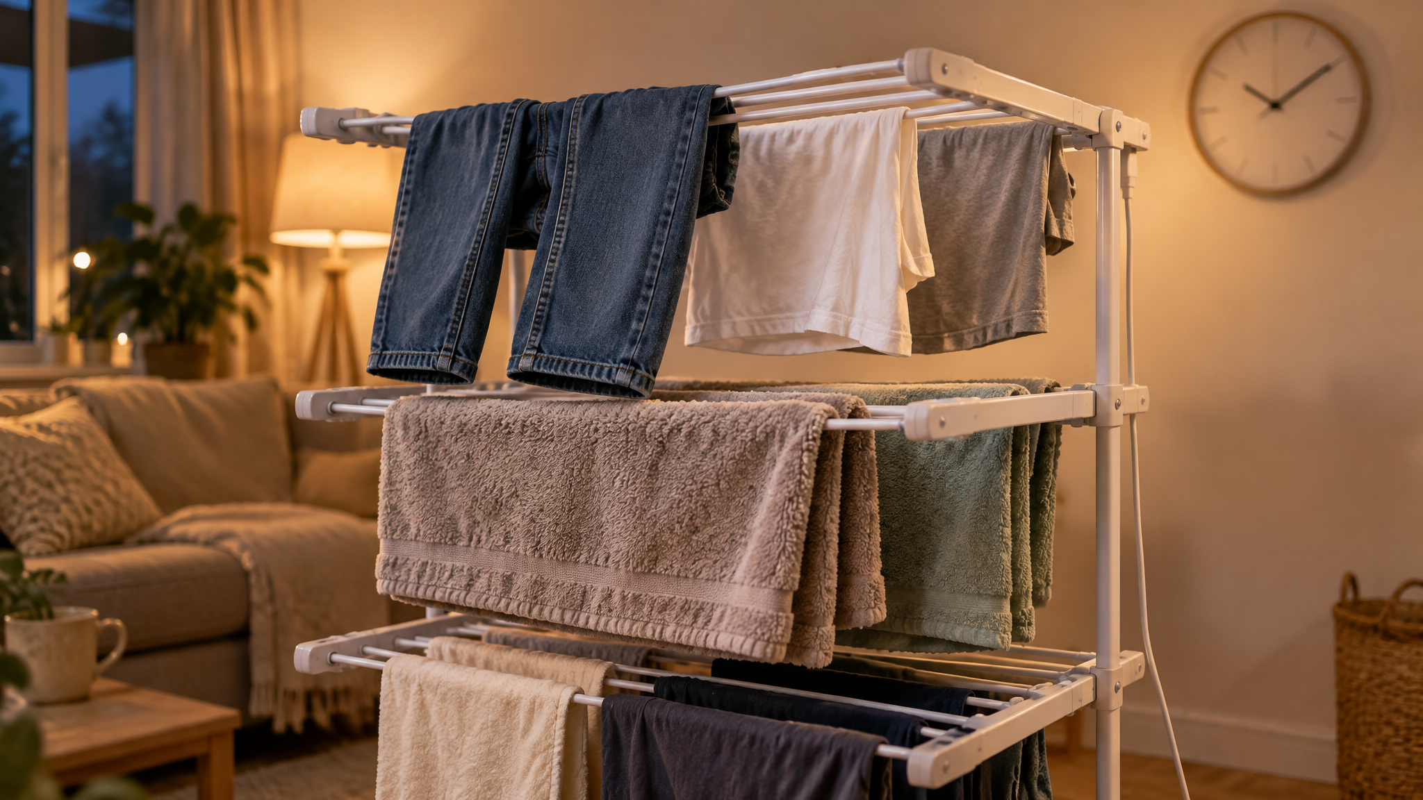 Laundry drying on a heated clothes airer indoors