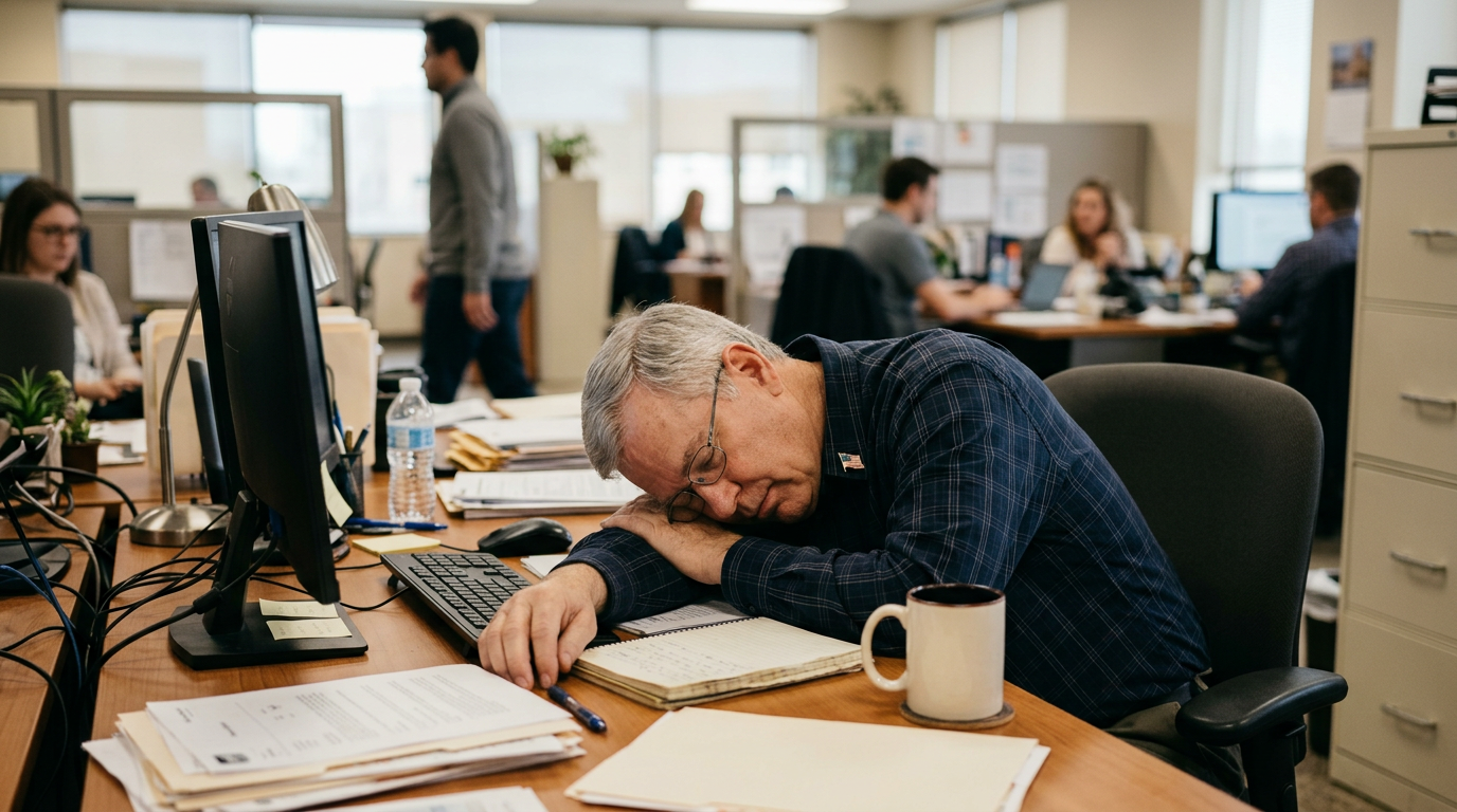 An older white male veteran who has fallen asleep at his office desk, his head resting on his arms, demonstrating uncontrollable daytime sleepiness