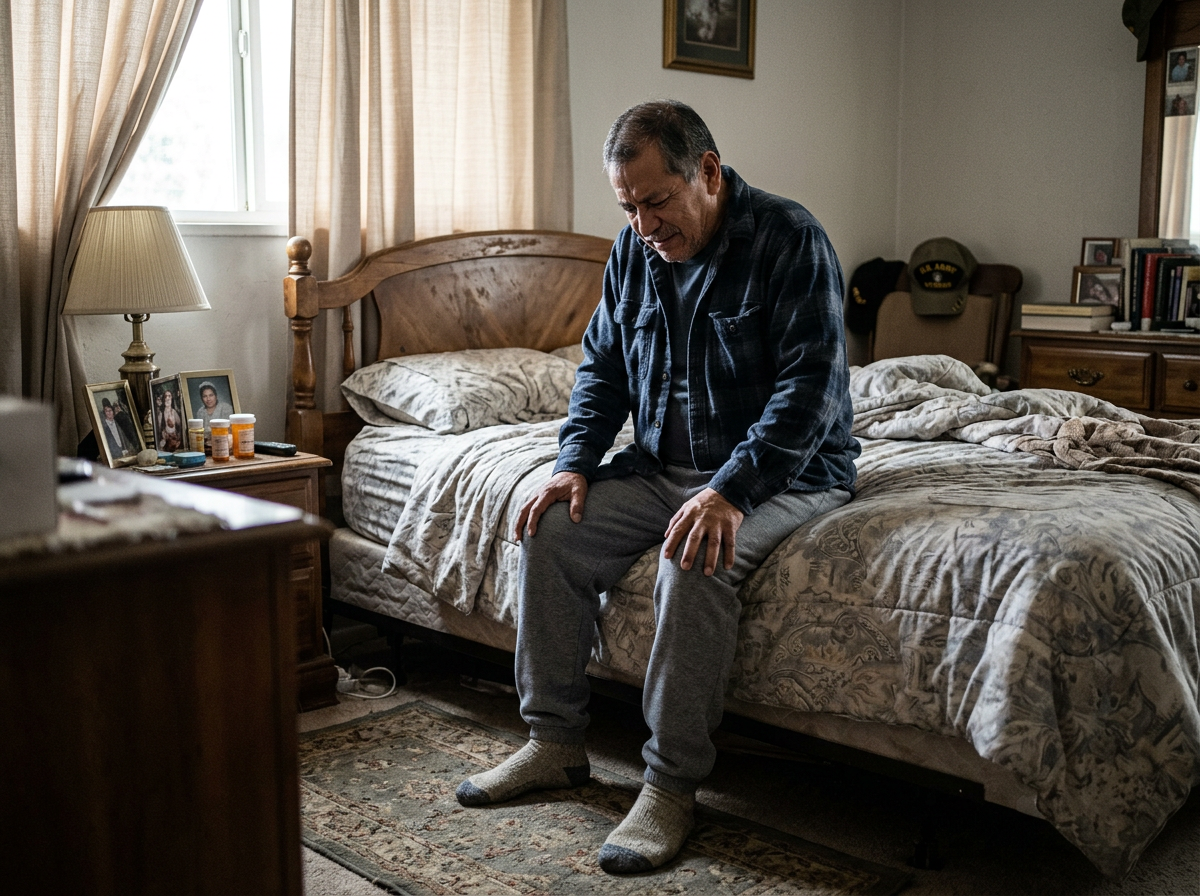 An older veteran sitting on the edge of his bed hunched forward, stiff and uncomfortable from degenerative disc disease