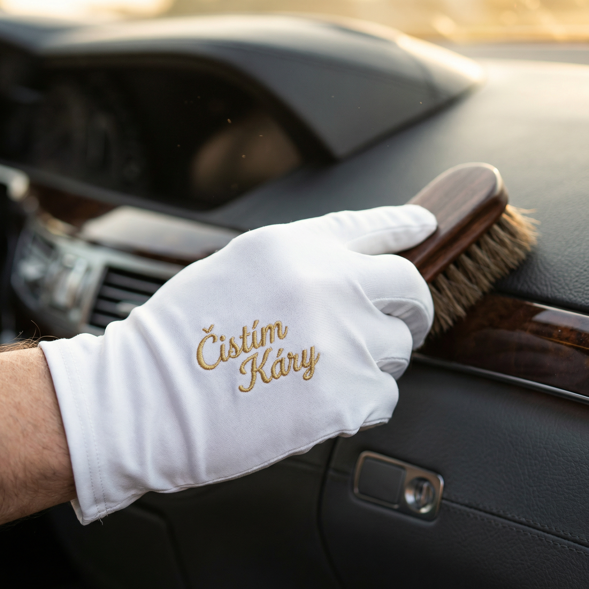Profesionální detailing - bílé rukavice s vyšitým logem Čistím Káry