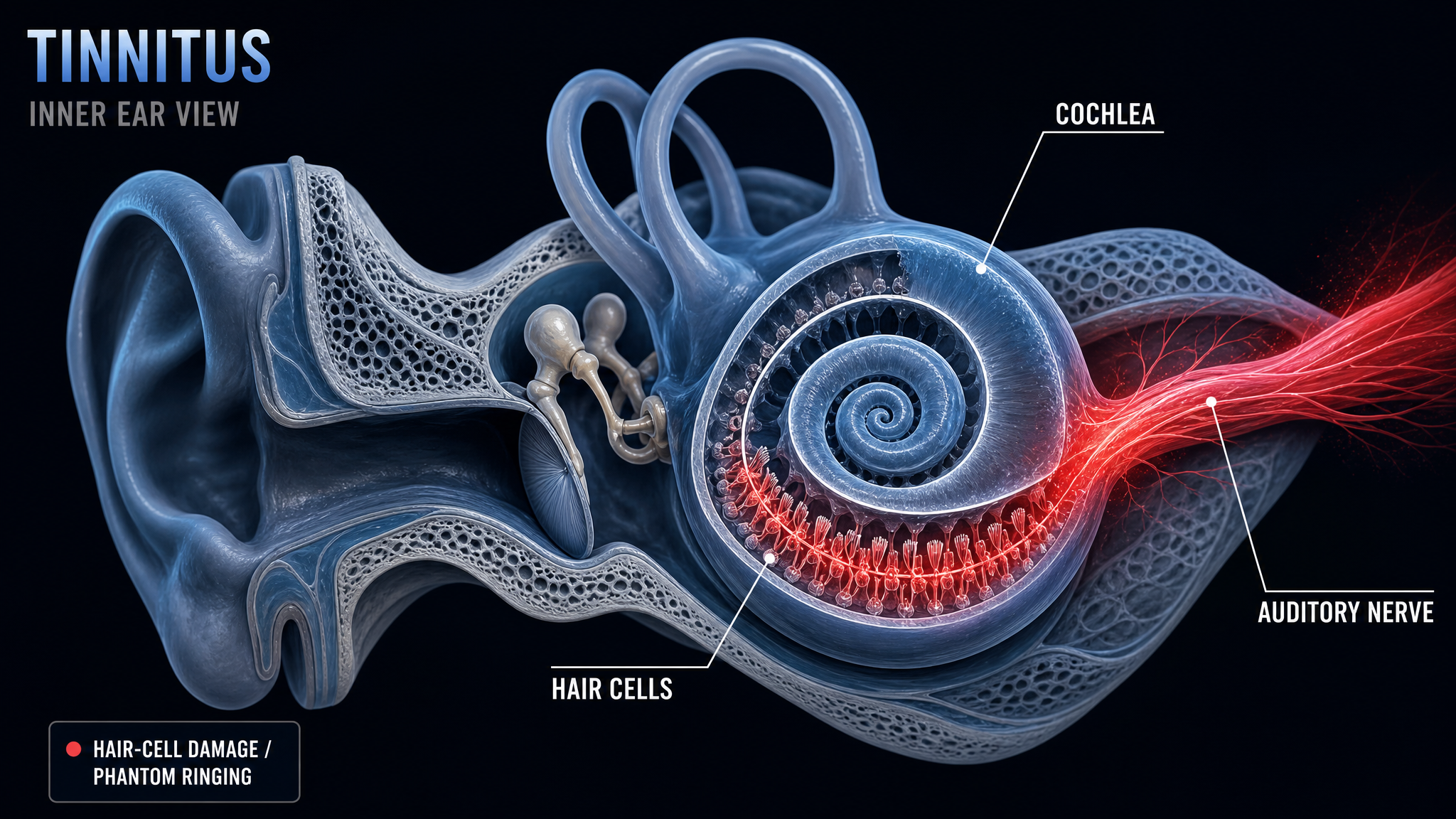 Tinnitus inner-ear diagram, damaged cochlear hair cells and auditory nerve