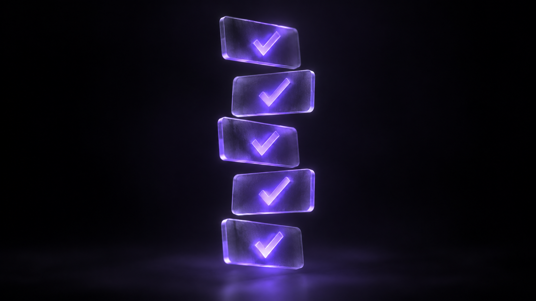 A vertical stack of frosted glass checklist tiles floating in the dark, each with a glowing violet tick mark, representing a step-by-step fix list