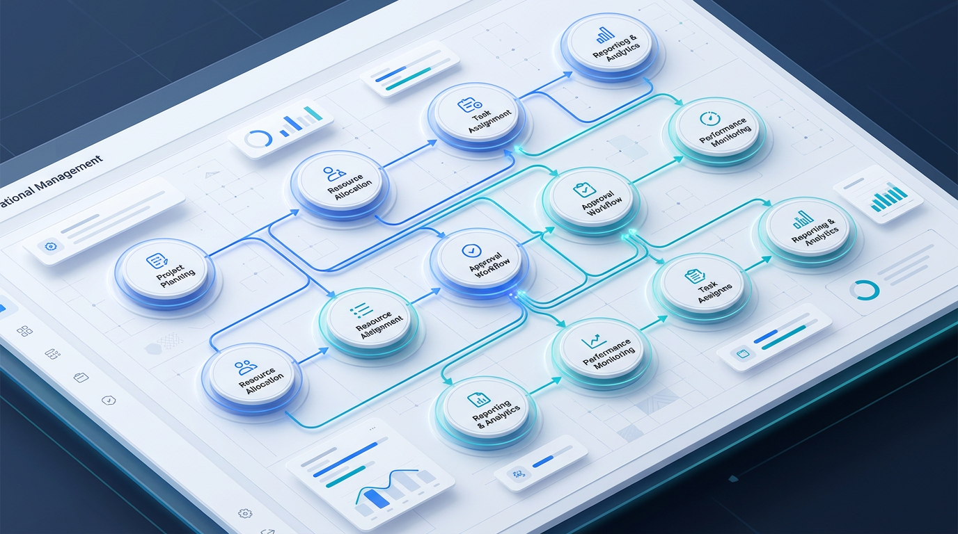 Nexo360 operational platform showing interconnected workflow nodes