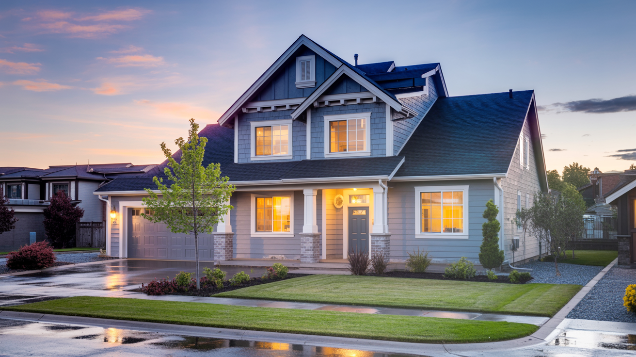 Beautiful suburban home in a welcoming middle-class neighborhood at twilight