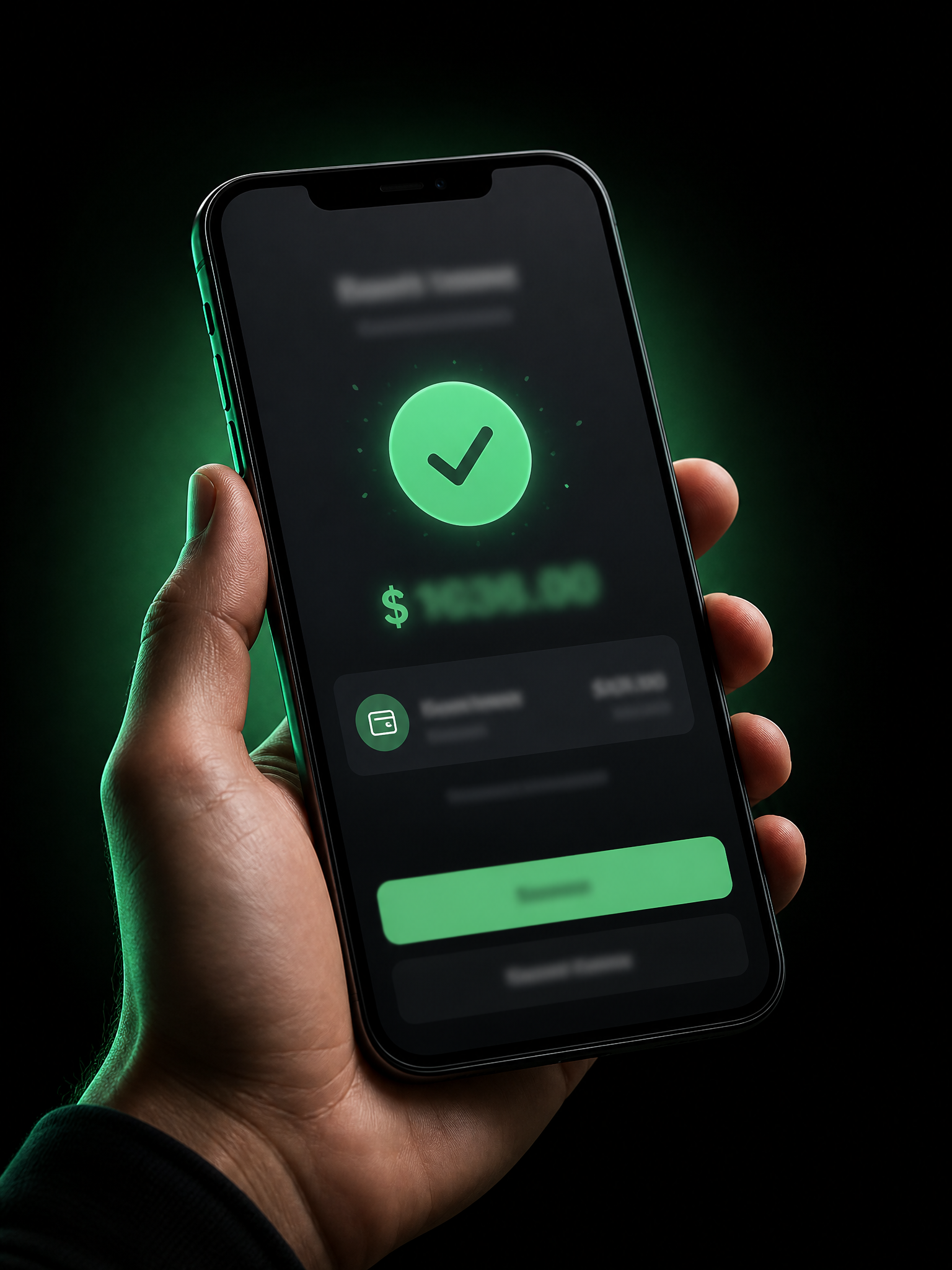 A hand holding a phone showing an approved payout confirmation with a green checkmark and the amount earned