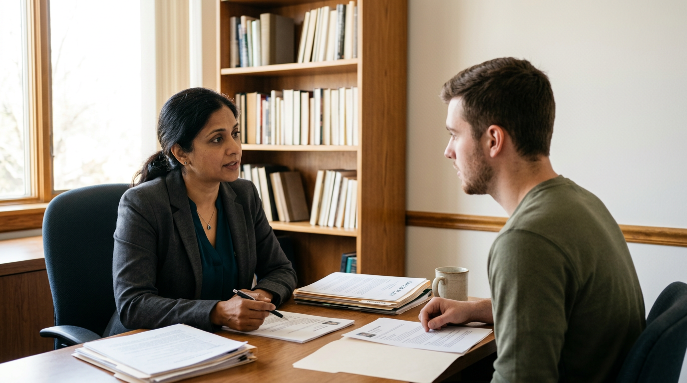 South Asian woman counselor at an office desk across from a white male veteran discussing the functional and occupational limitations caused by service-connected scarring