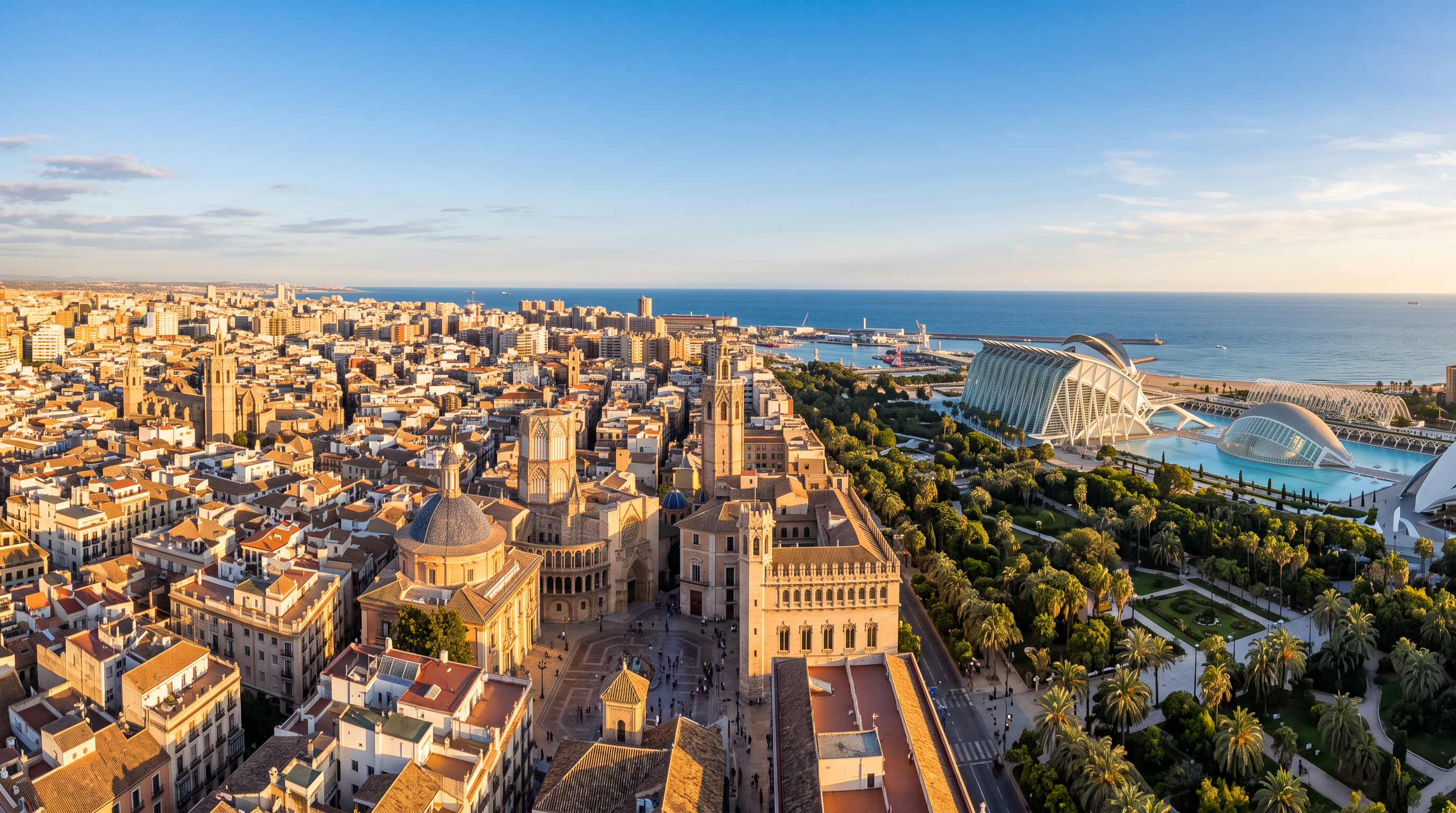 Panoramic view of Valencia Spain at golden hour with Mediterranean architecture