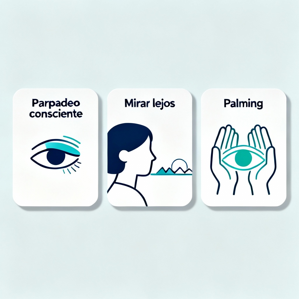 Viñetas de pausas para descanso ocular: parpadeo, mirar lejos y palming.