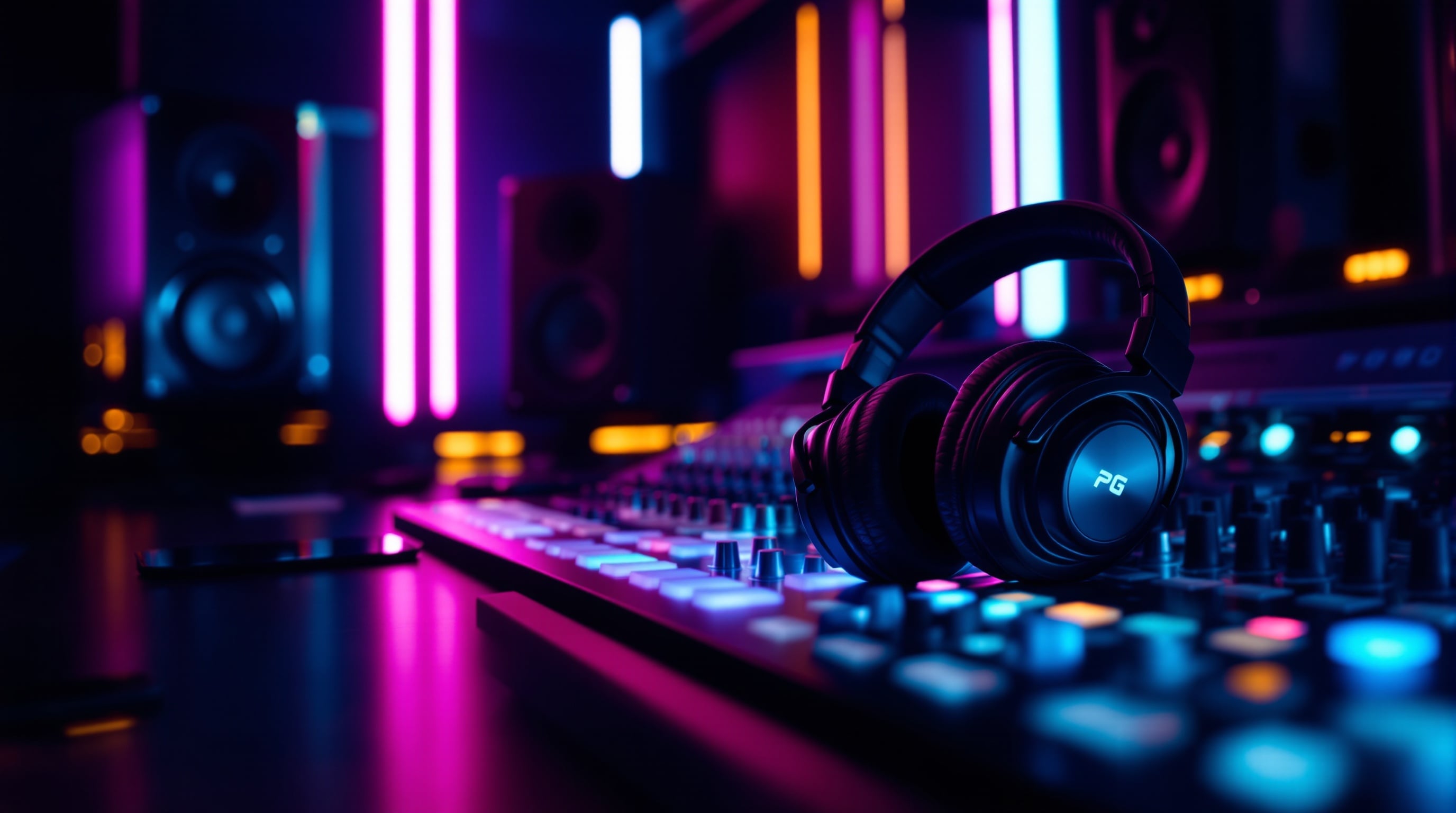 Neon-lit music studio with mixing console