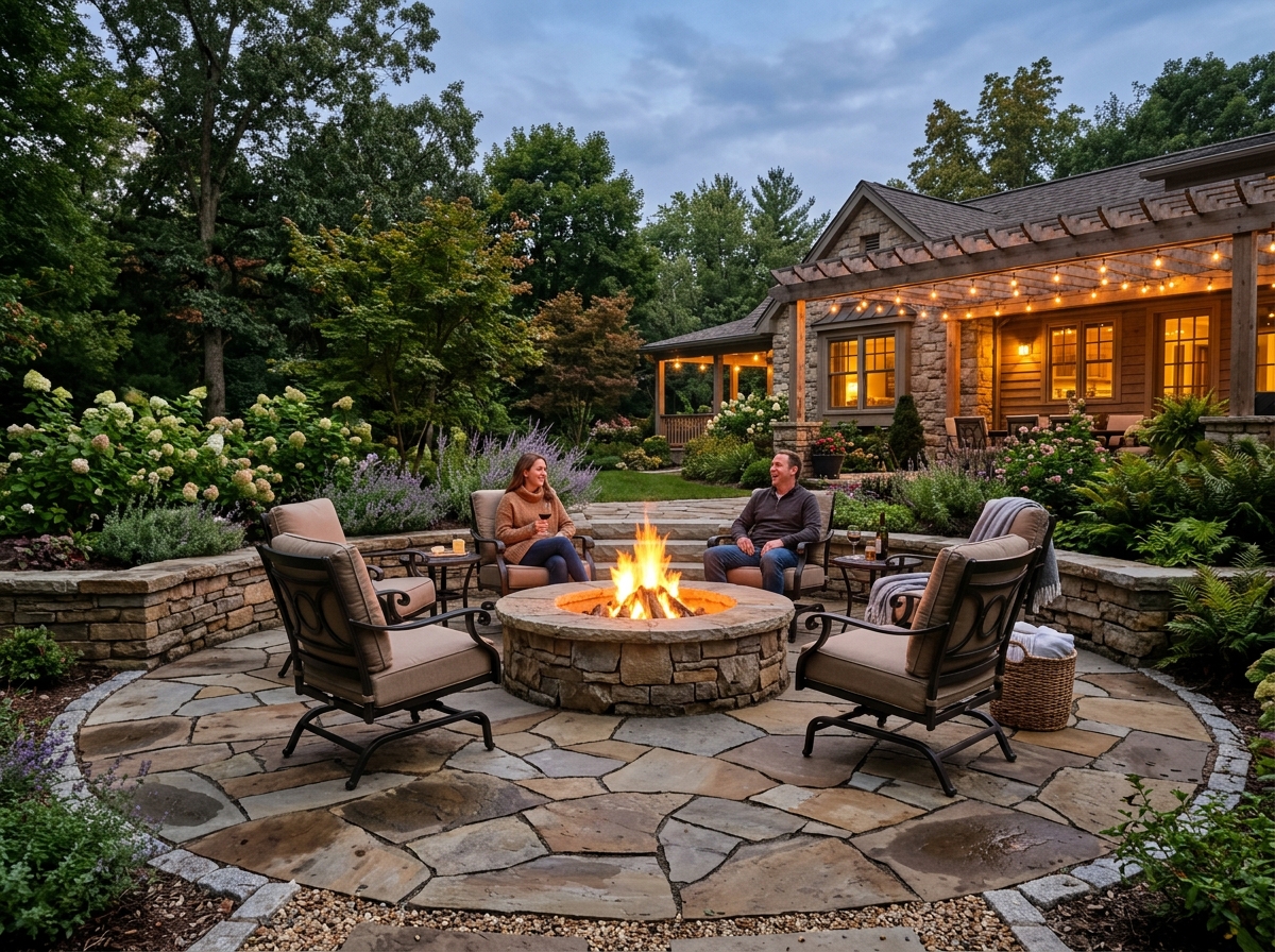 Stone fire pit with circular patio and outdoor seating