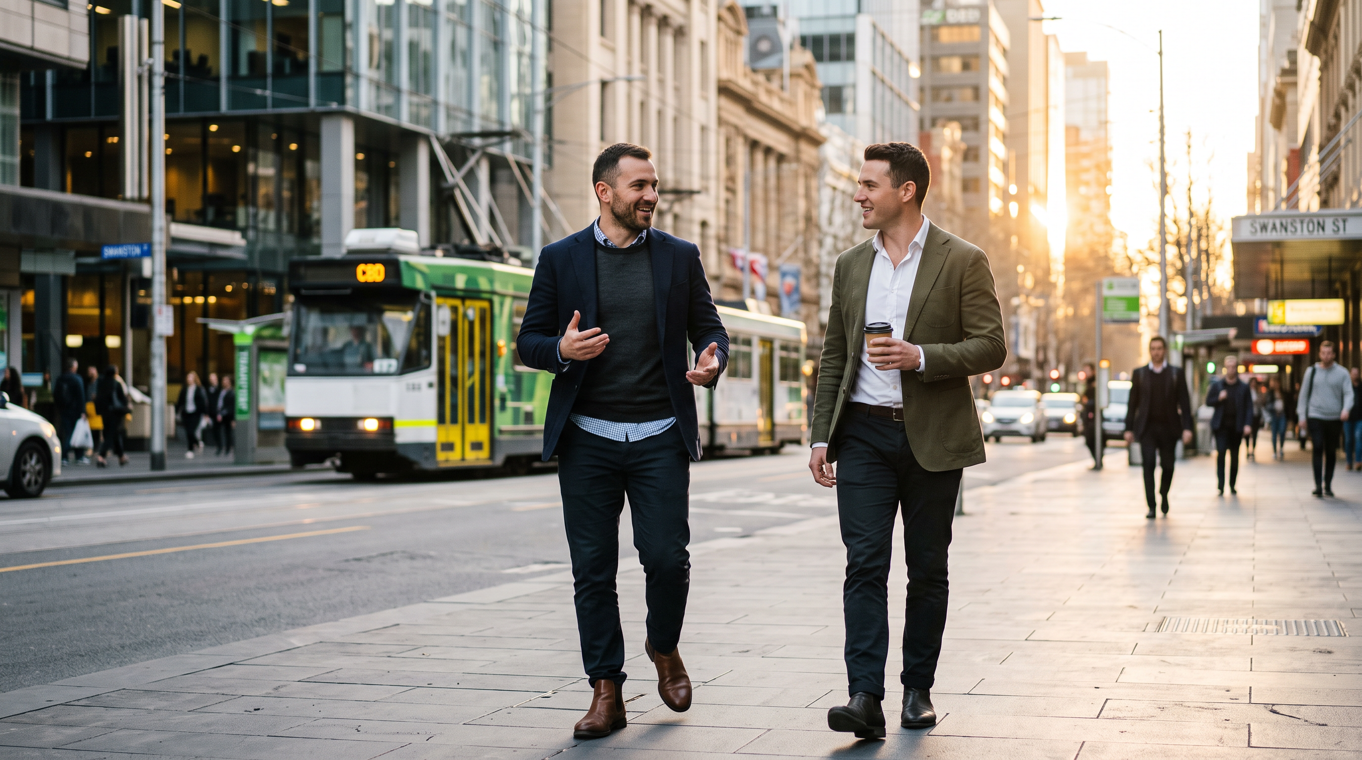 An Eastern European professional man in conversation with a colleague on an Australian CBD street