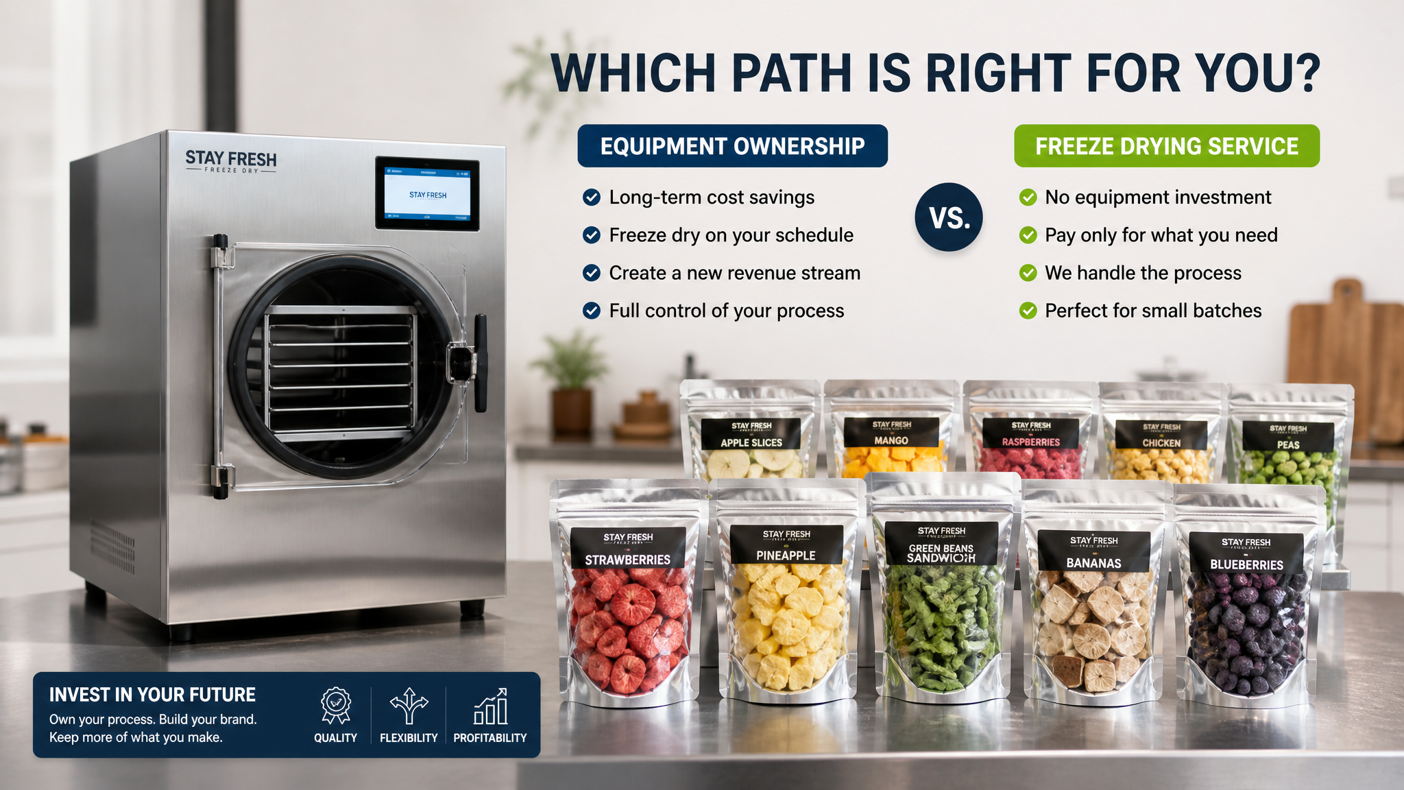 Countertop freeze dryer machine next to finished packaged freeze-dried products
