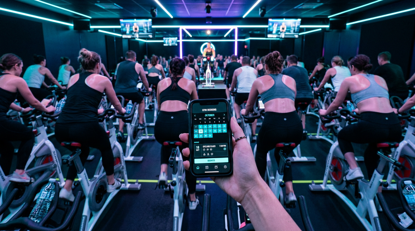 Packed spin class with a phone showing class booking