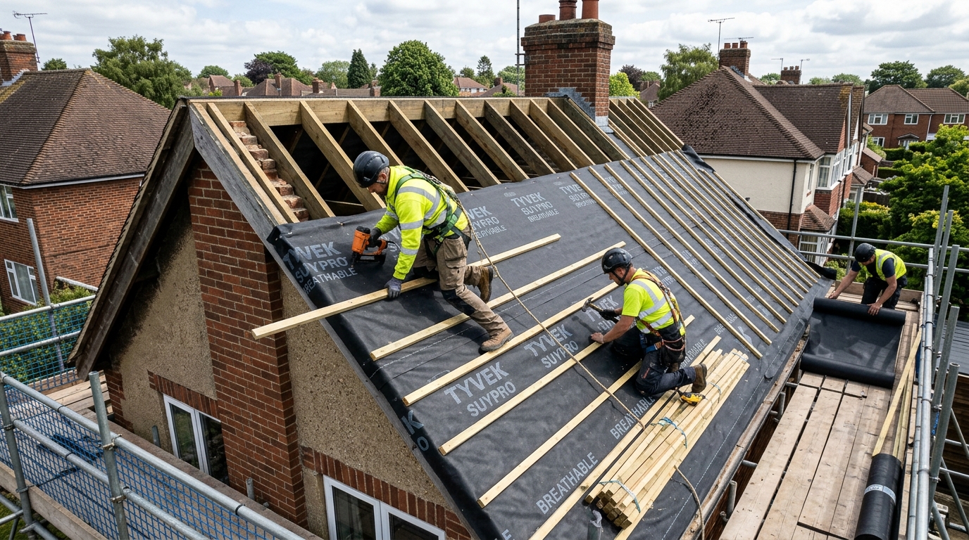Roofers laying new roof battens and felt