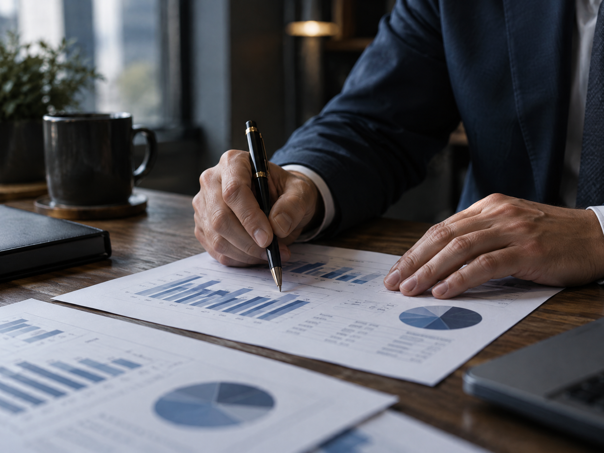 Hands reviewing printed financial charts with a pen