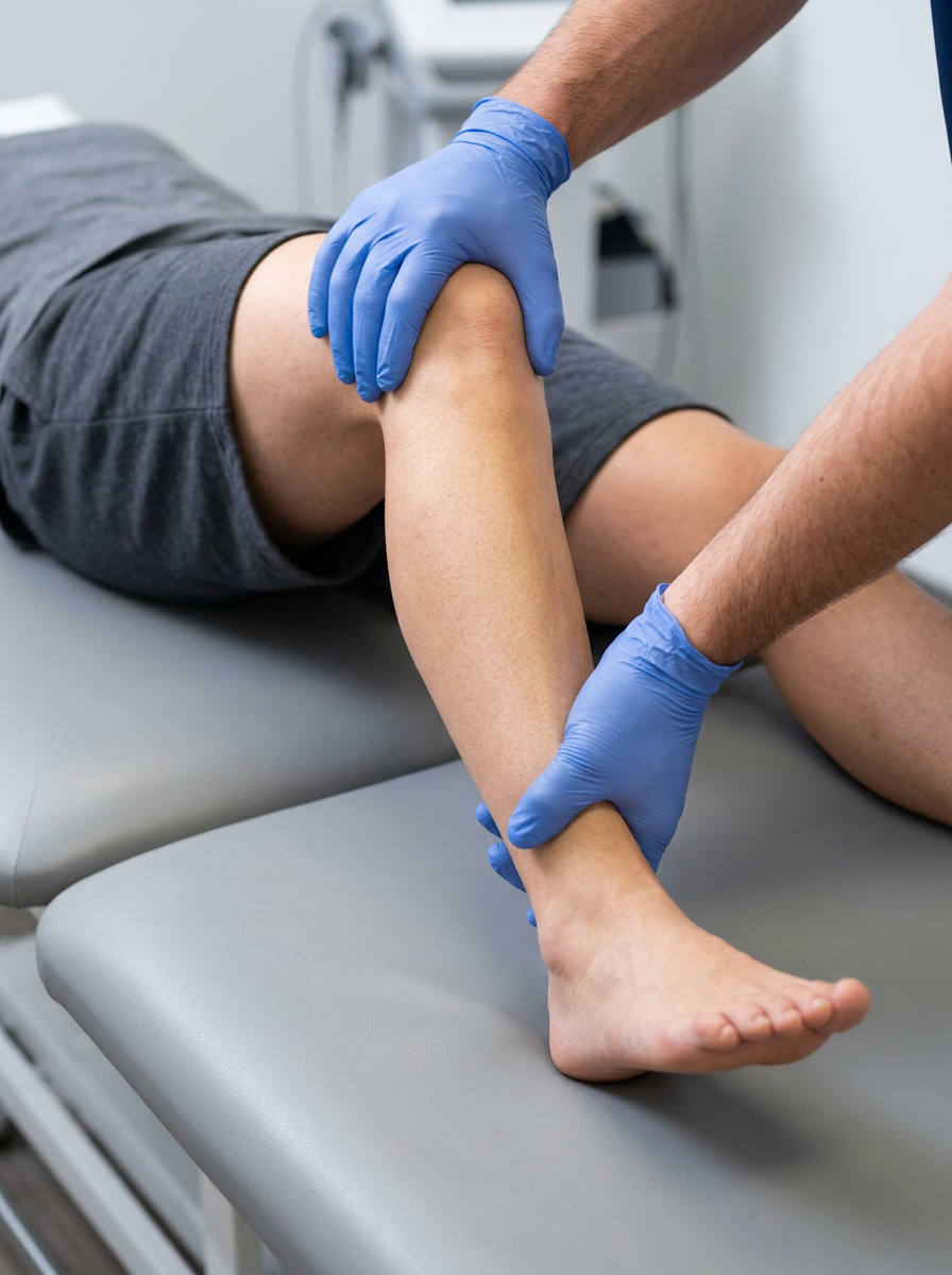 Close-up of clinician hands holding a patient lower leg rotating the hip inward to measure internal rotation angle with the knee bent at 90 degrees on an exam table