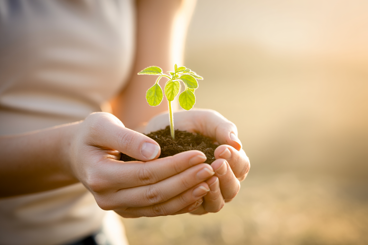 Hands nurturing a small green plant symbolizing natural care and sustainability