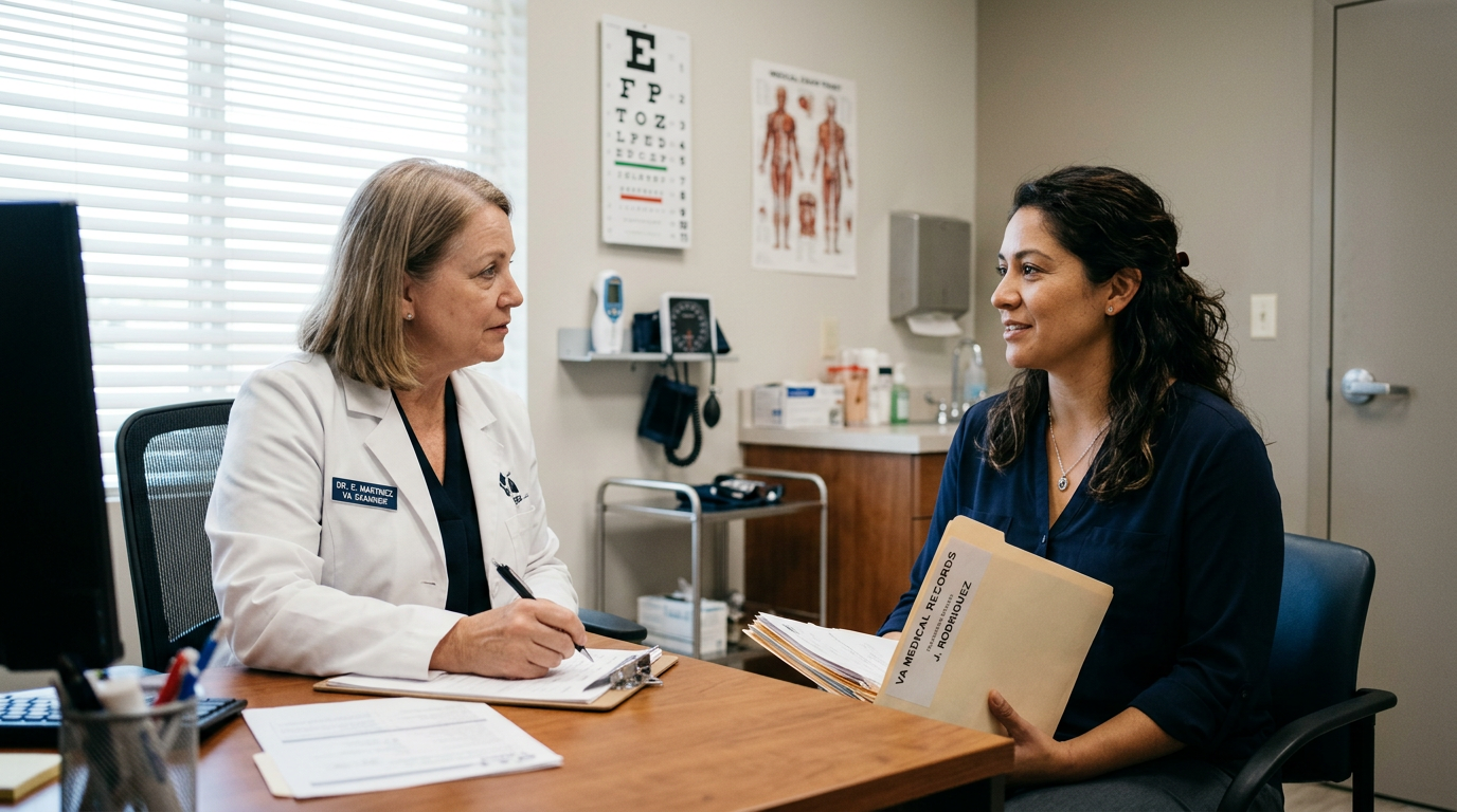 Woman veteran meeting with a VA medical examiner during a Compensation and Pension exam