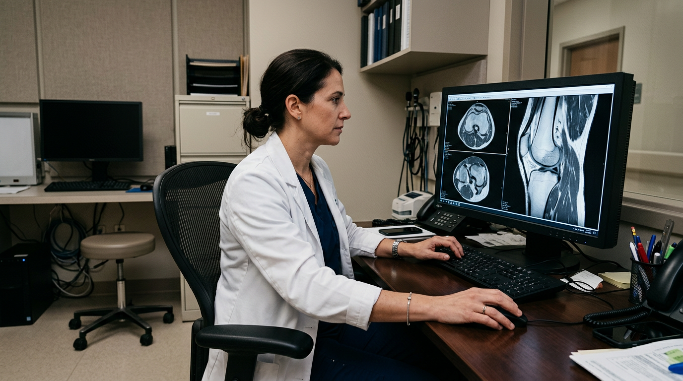 Photograph of a radiologist reviewing a knee MRI on a monitor showing ligament and soft-tissue detail