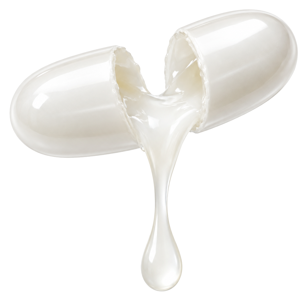 White Biotin softgel split in half with white liquid dripping