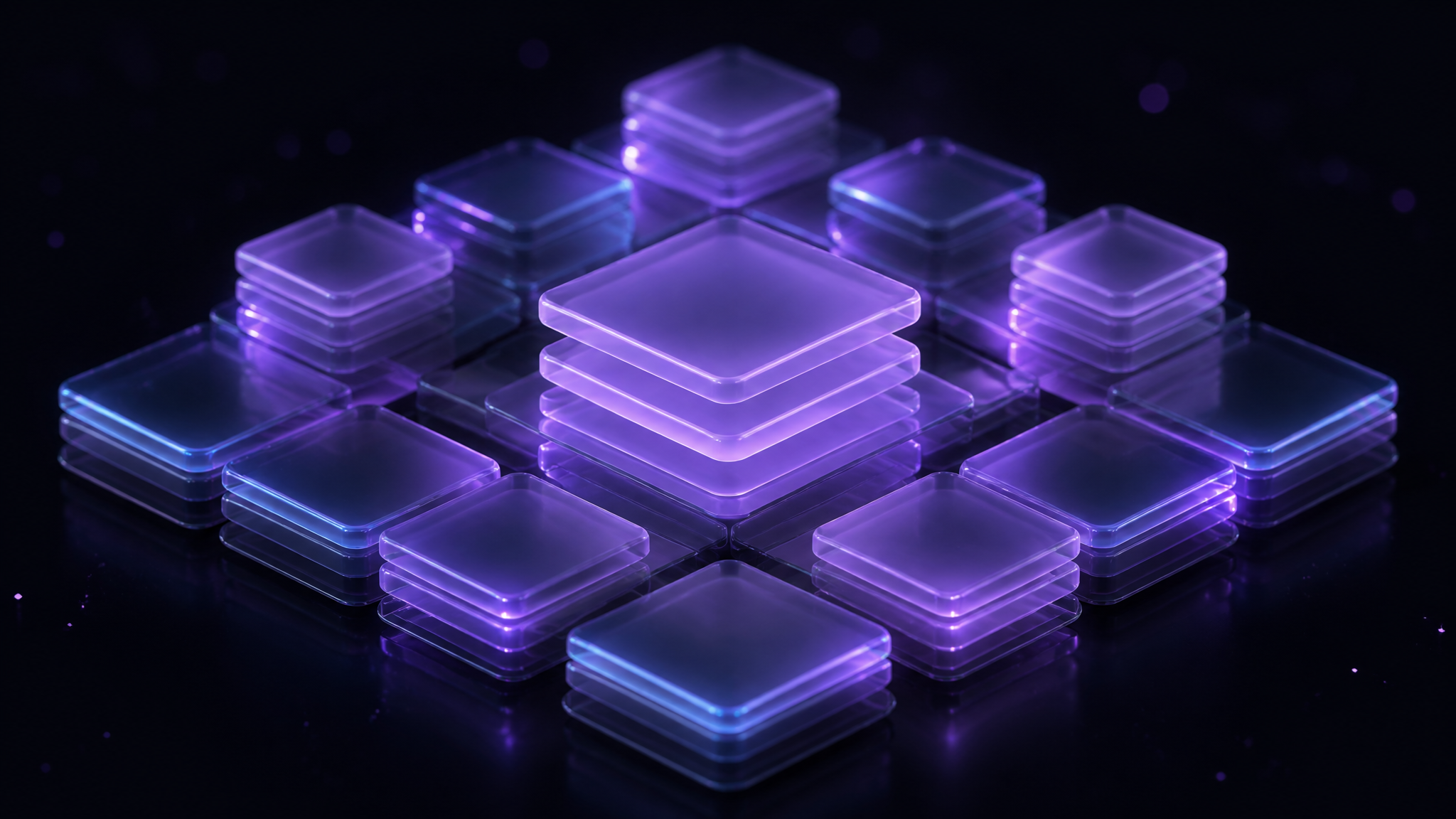 Neat frosted-glass building blocks and layered cards locking together in an organised grid in the dark, glowing violet, representing clean technical structure and structured data foundations
