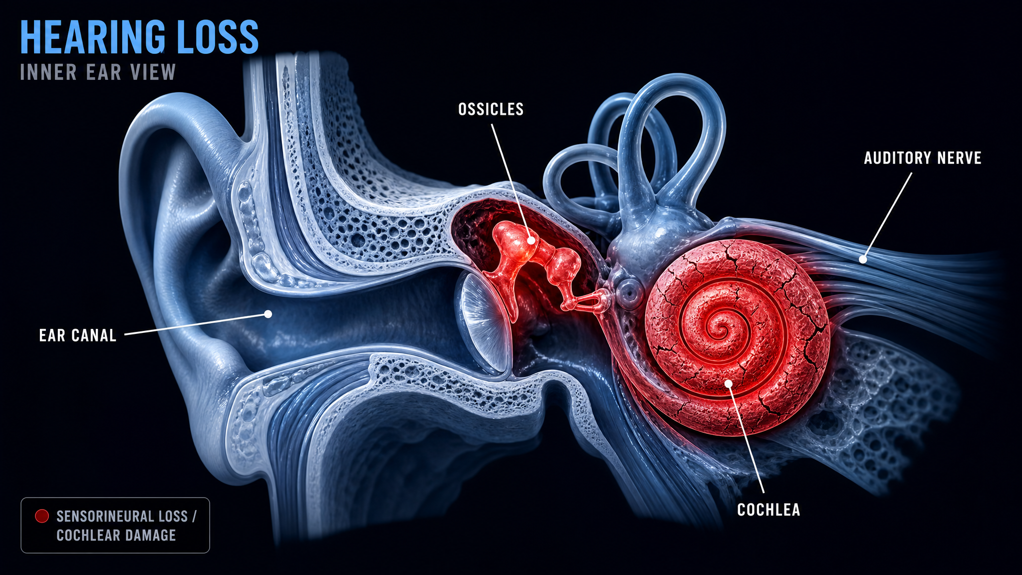 Hearing loss inner-ear diagram, damaged cochlea and ossicles