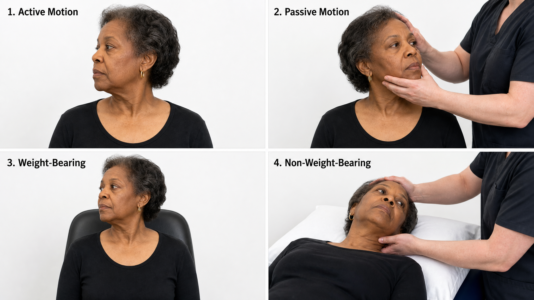 Four-panel figure showing an older Black female patient's neck tested actively, passively, weight-bearing seated, and non-weight-bearing lying down