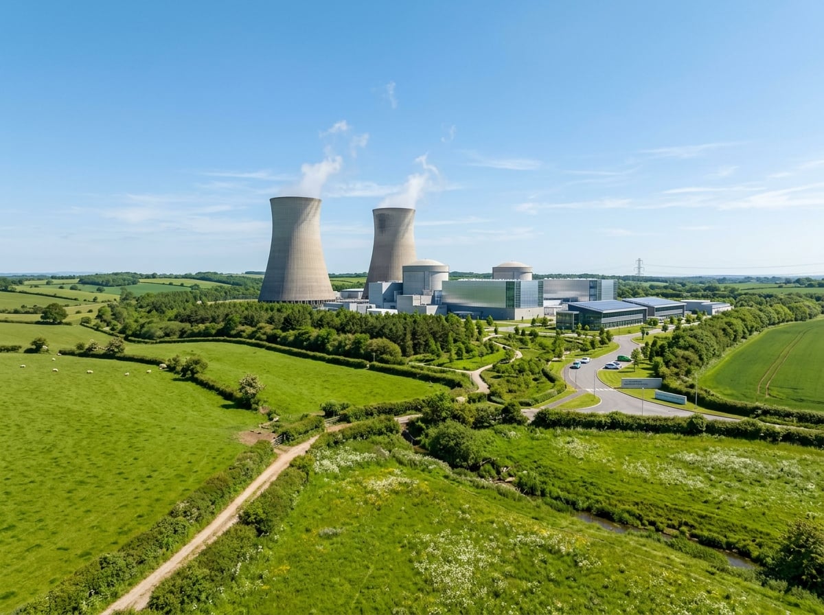Centrale nucléaire dans un paysage verdoyant — énergie bas carbone