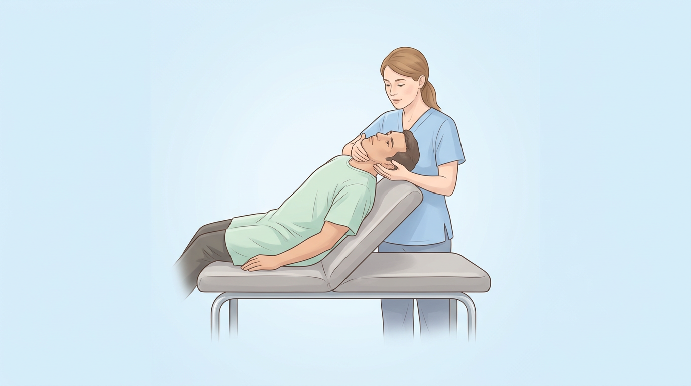 Illustration of a clinician performing the Dix-Hallpike maneuver on a supine patient with the head turned and extended
