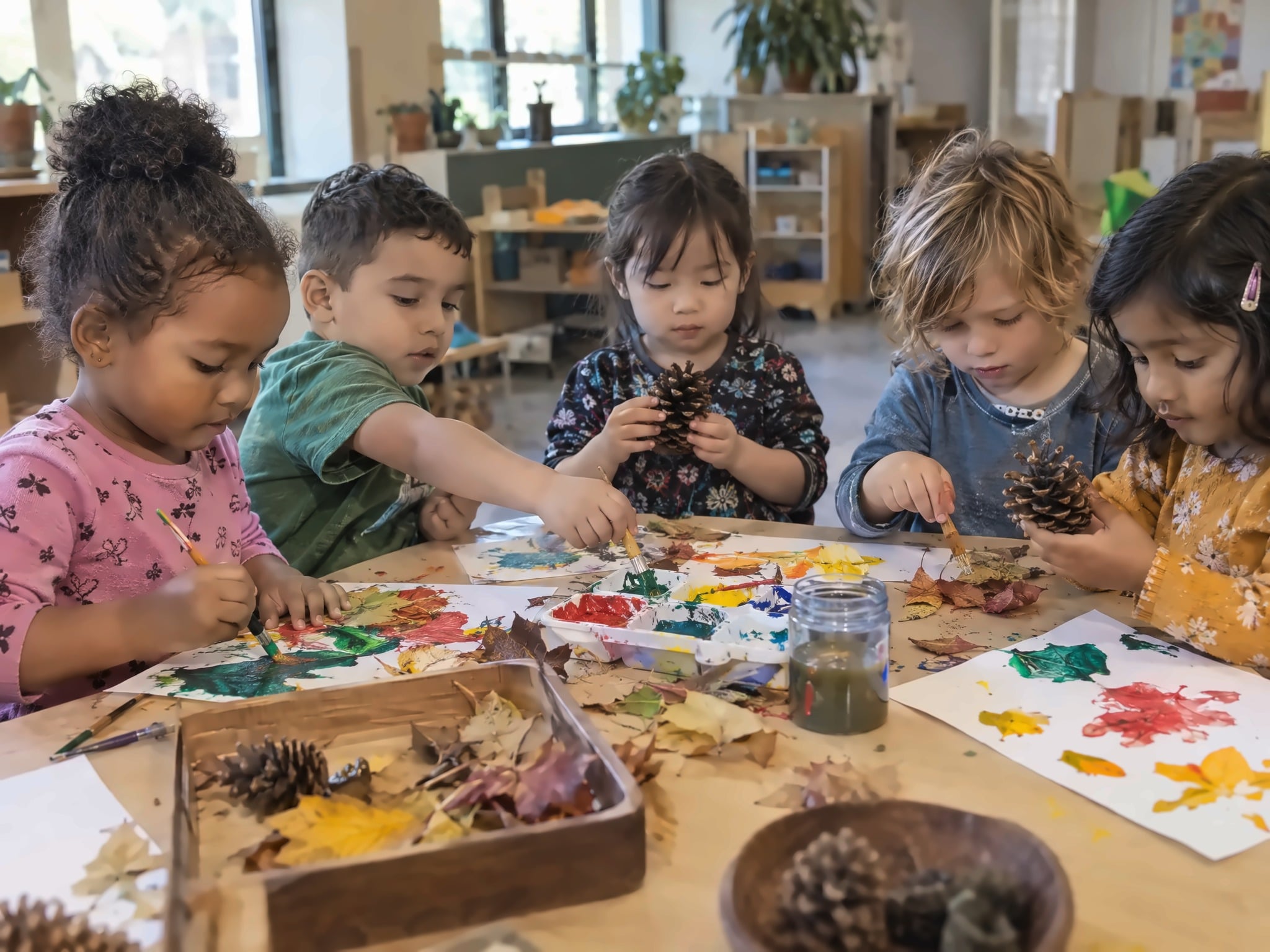 Young children doing hands-on arts and crafts, exploring with paint, blocks, and nature items