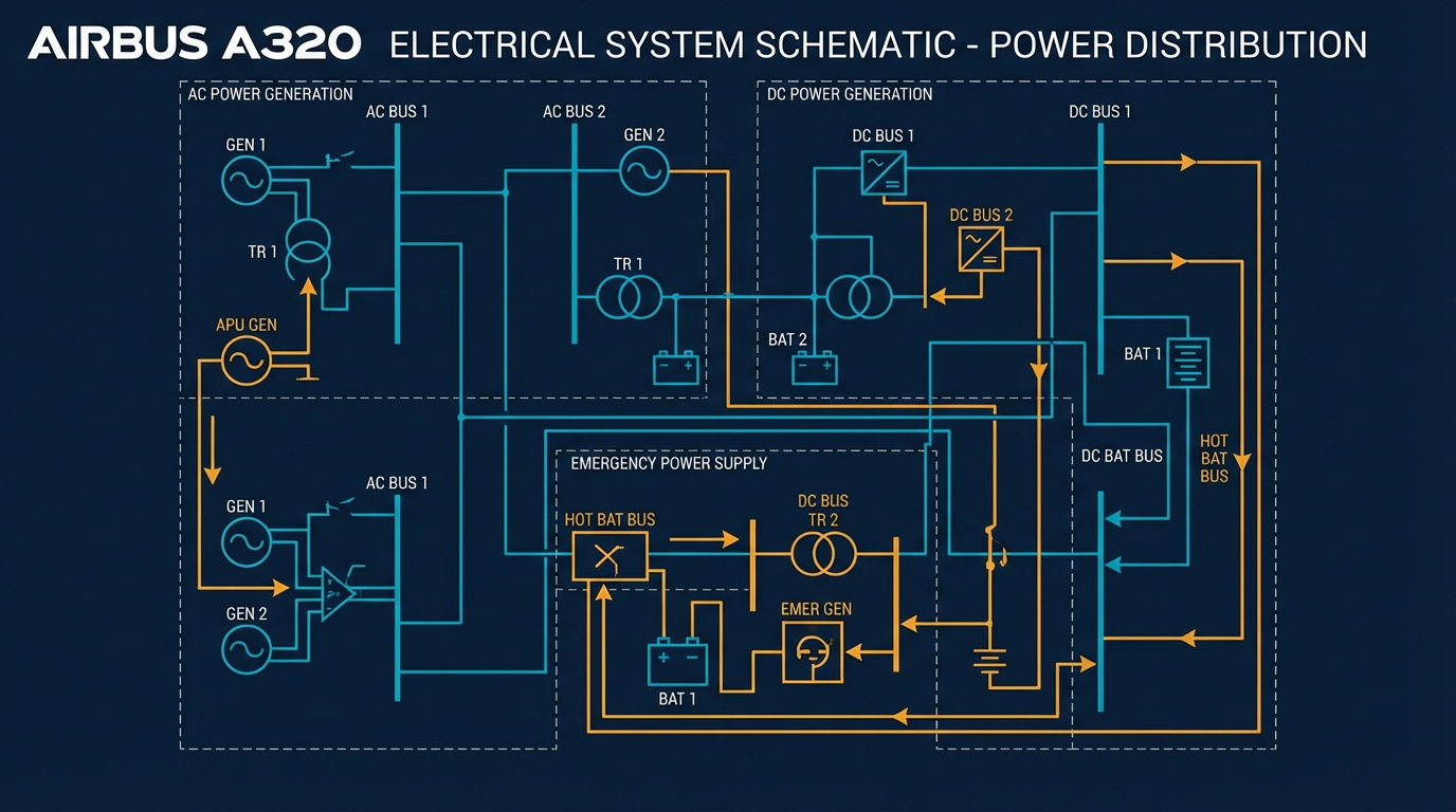 A320 Electrical System Diagram showing power distribution and bus configuration