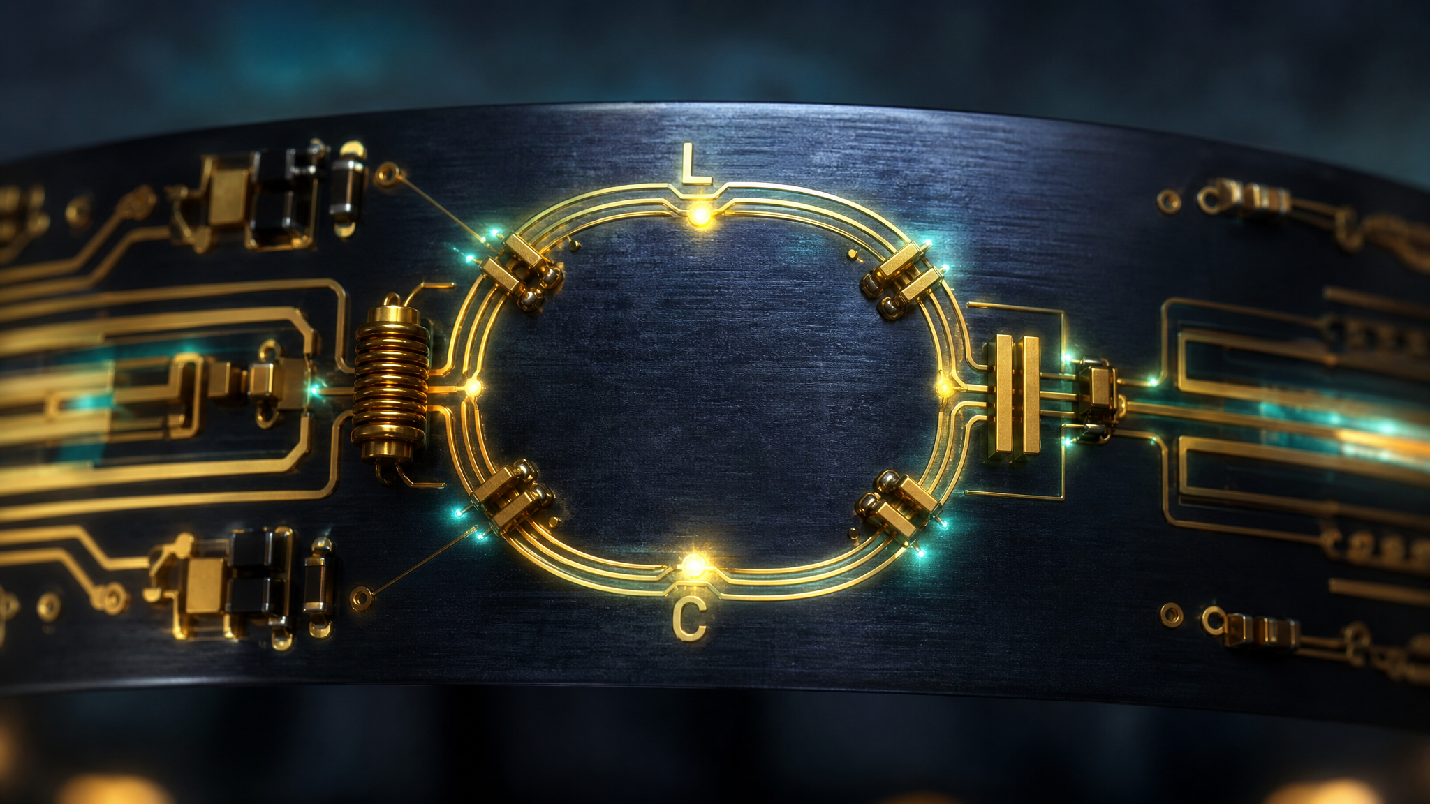 Glowing golden resonant LC antenna circuit pattern on a steel crown band