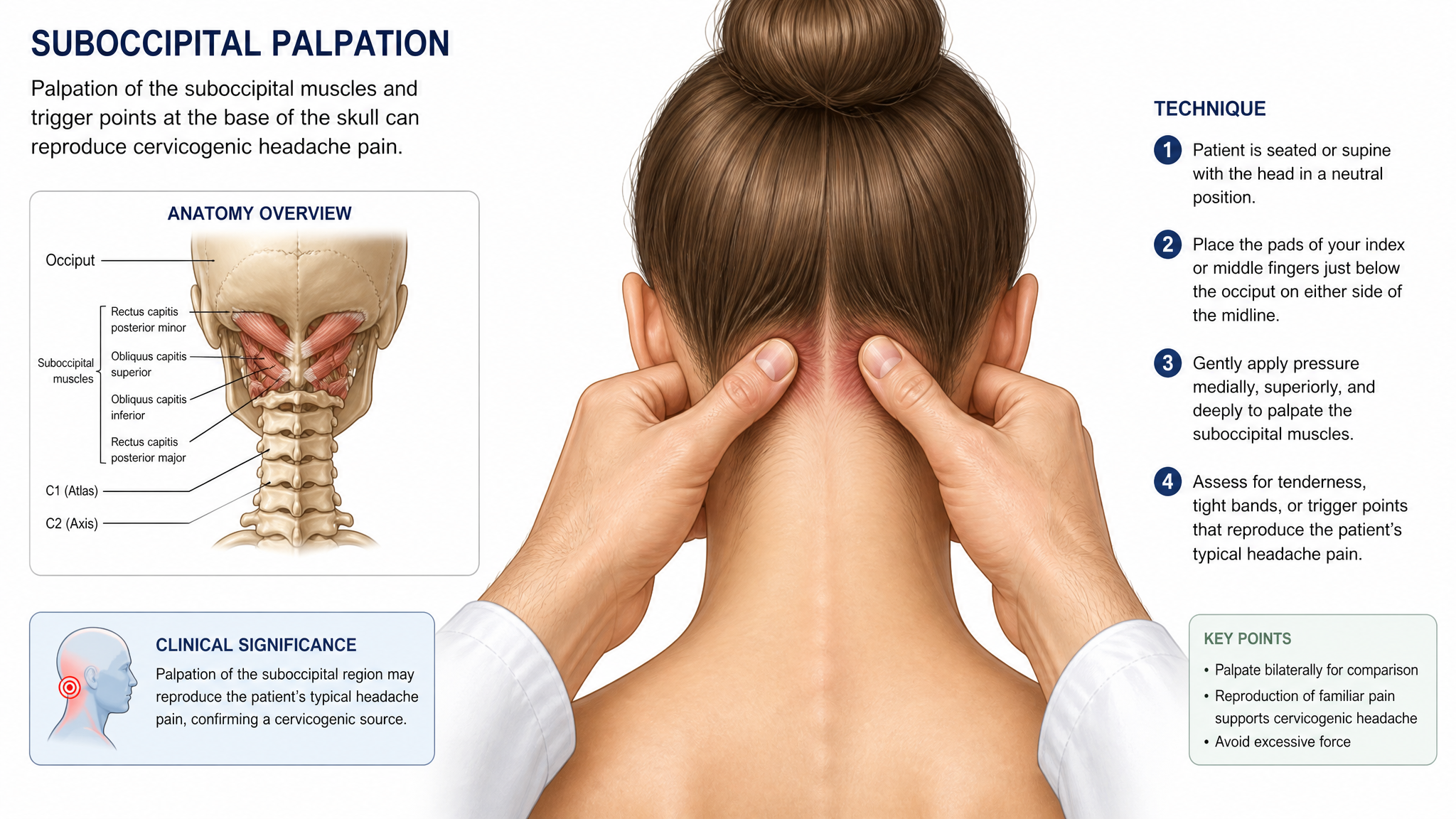 Illustration of a clinician palpating the suboccipital region at the base of the skull