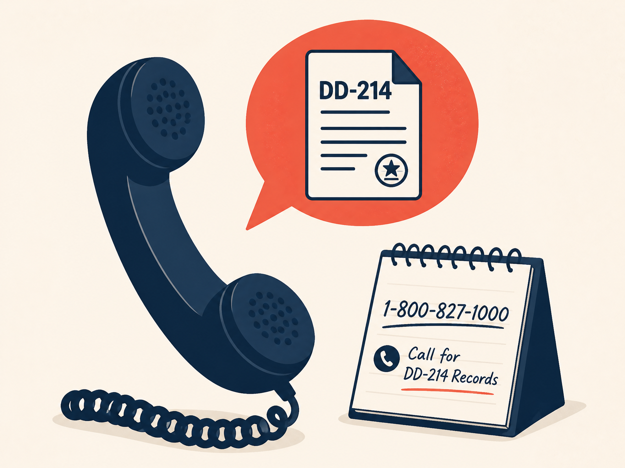 Illustration of a phone handset, the National Personnel Records Center phone number on a notepad and a records folder - requesting records by phone or with our help