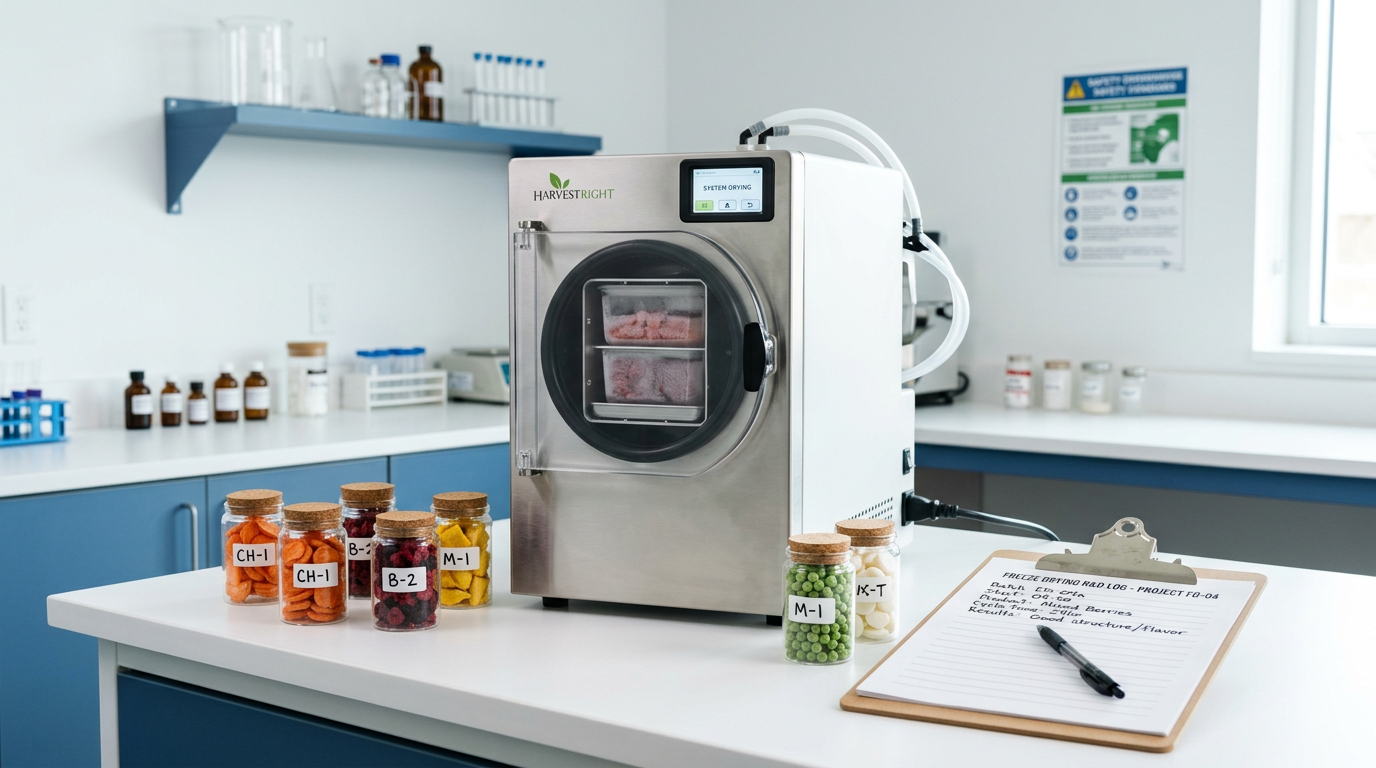 Countertop freeze dryer with small sample jars and a notebook for freeze drying test batches and R&D