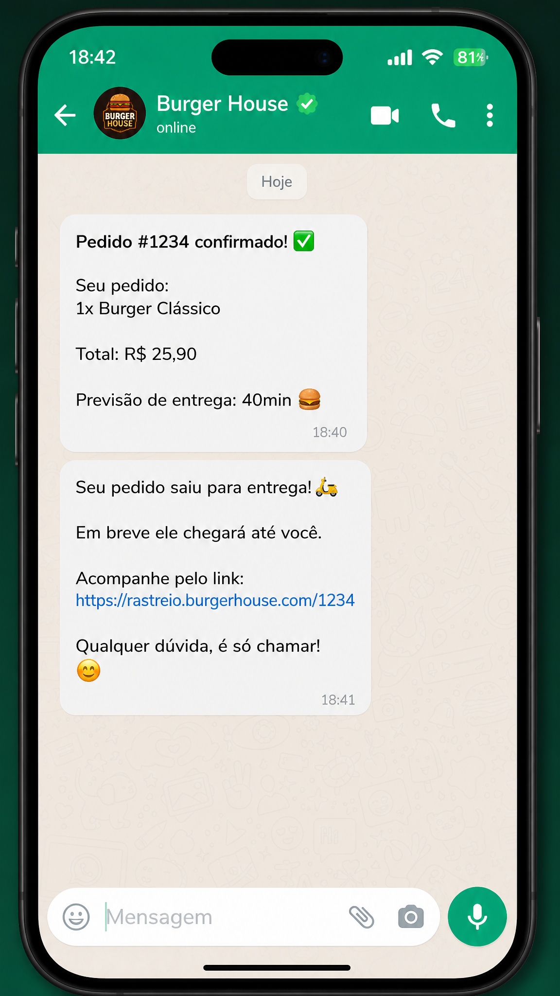 Conversa do WhatsApp com atualizações automáticas de status do pedido