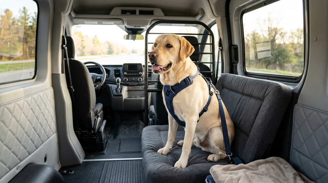 A single content dog riding solo in a clean, modern vehicle interior