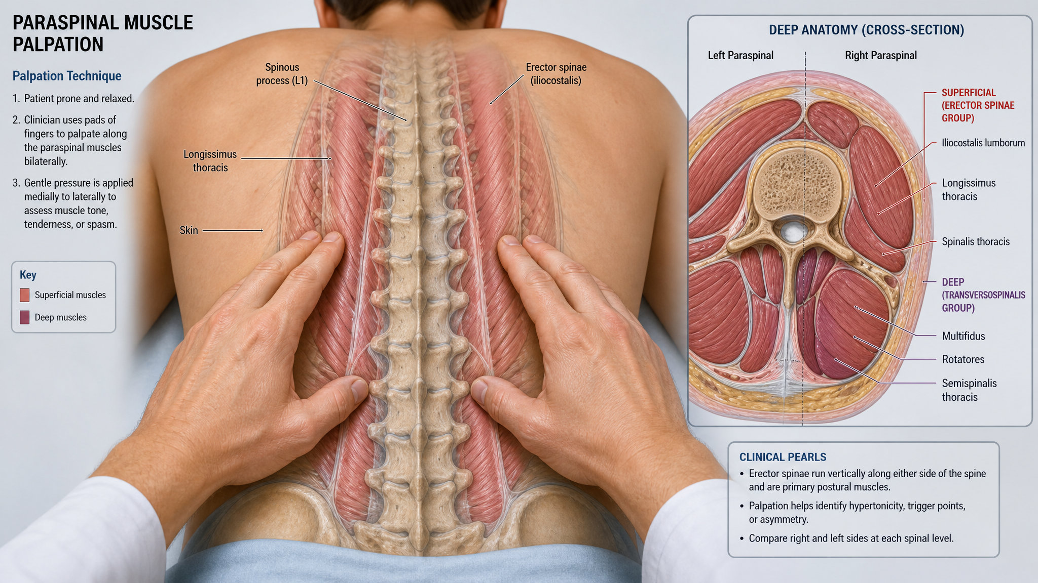 Cutaway anatomical illustration of paraspinal muscles showing an examiner palpating for guarding and spasm