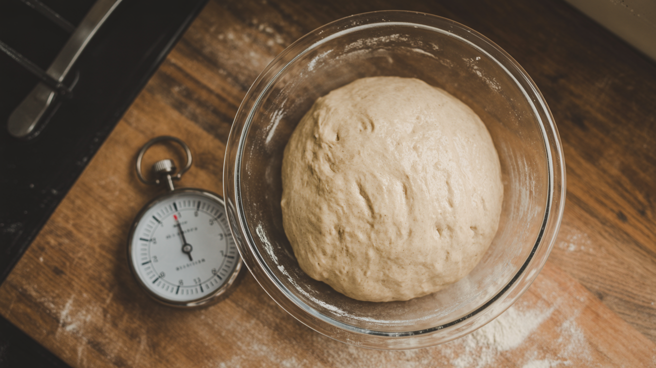 Overhead view of risen sourdough dough with bubbles in glass bowl beside timer