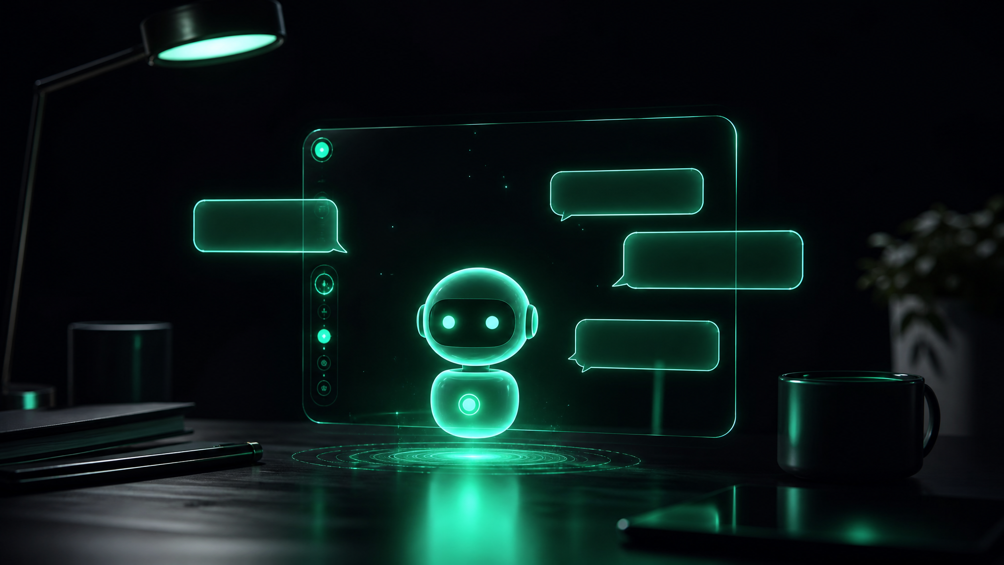 Holographic AI chatbot assistant interface with emerald glow