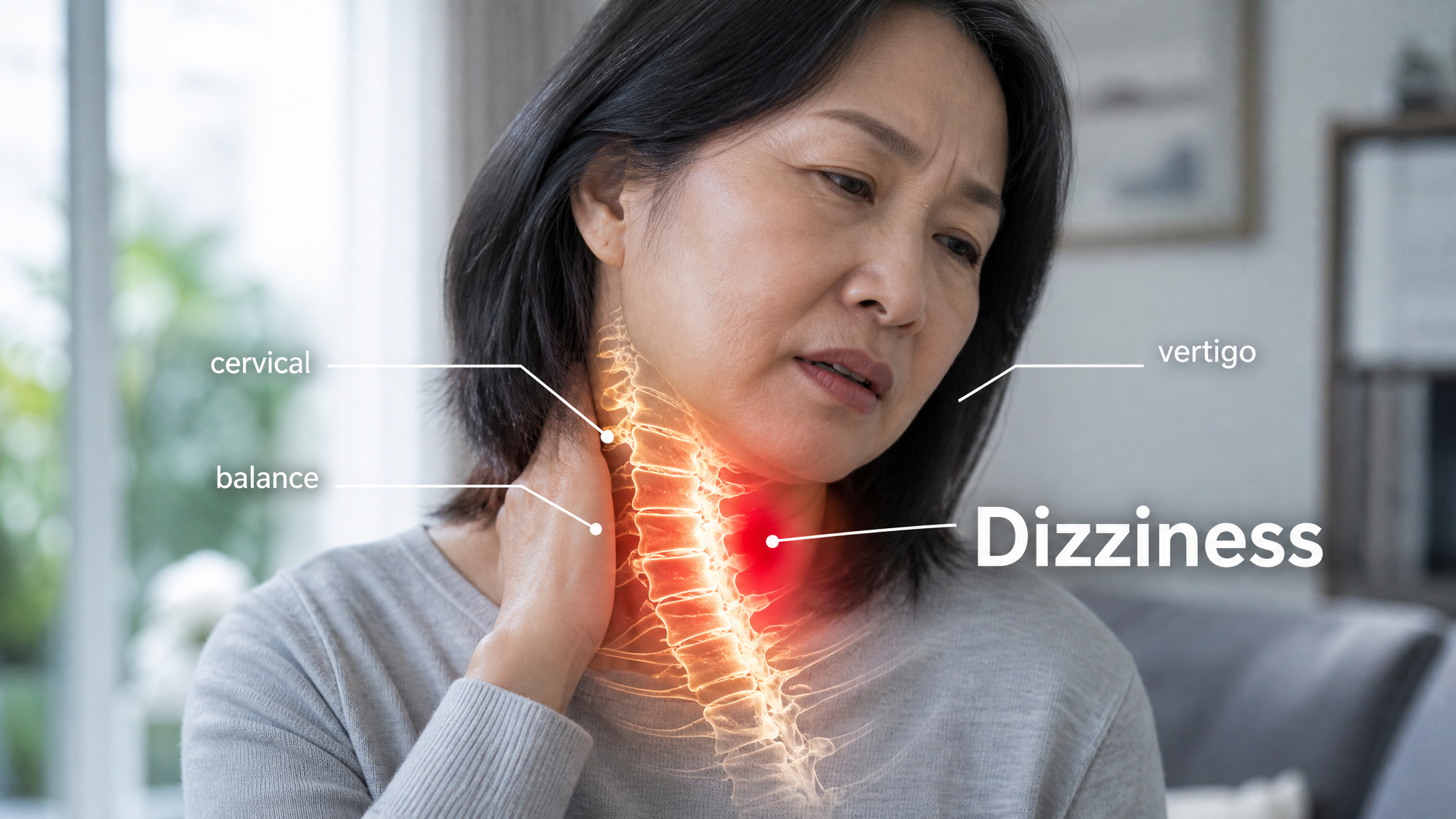 A mature woman in a bright room with a hand on the side of her neck and an unsteady posture, the cervical spine glowing warm amber