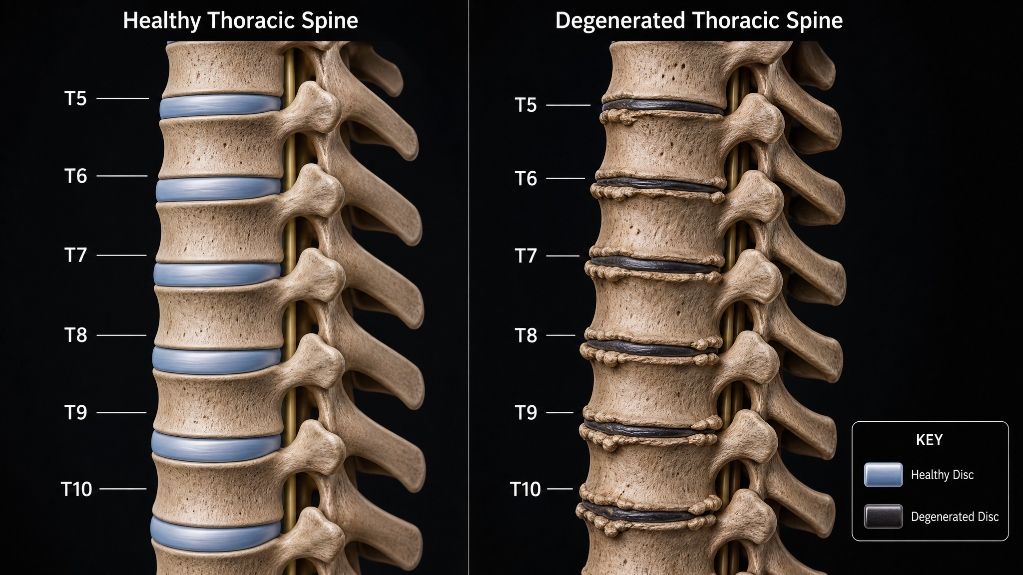 Side-by-side cross-section comparing healthy hydrated thoracic discs at T5 through T10 with collapsed dehydrated discs and osteophytes