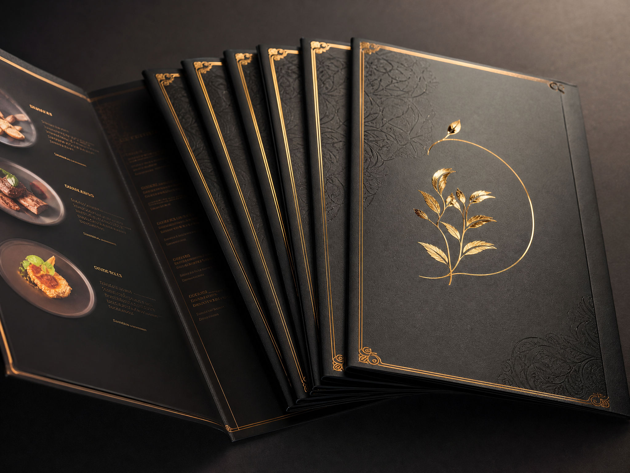 Custom restaurant menus with gold foil accents
